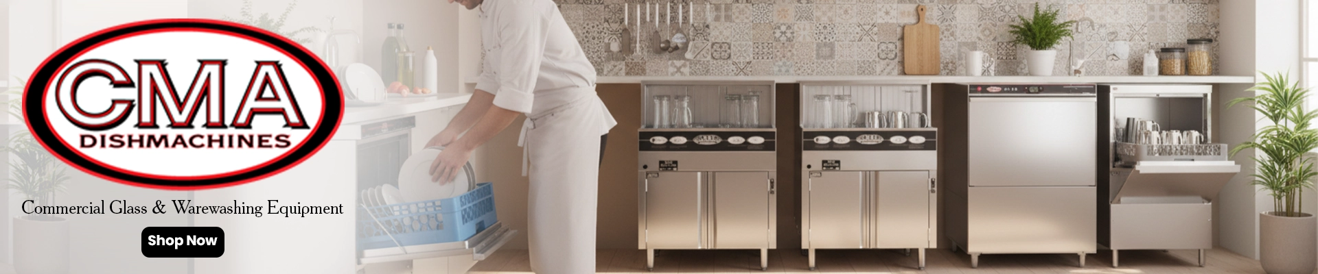 CMA Dishmachines brand banner featuring commercial undercounter and conveyor dishwashers with logo on red and white background.